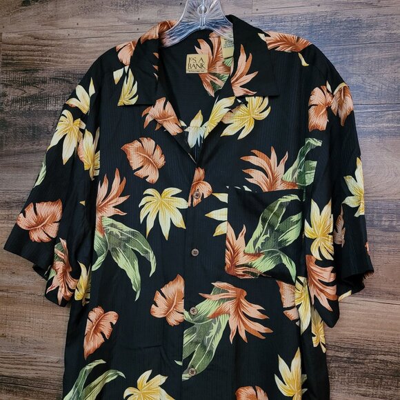 JoS A Bank Silk Hawaiian Shirt Size L Tropical Black Preppy Quiet Luxury - Picture 2 of 8